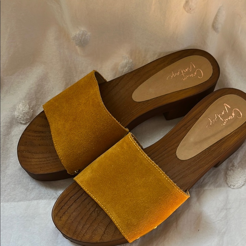 Crown Vintage Yellow Mules with Suede Upper and Wooden Sole